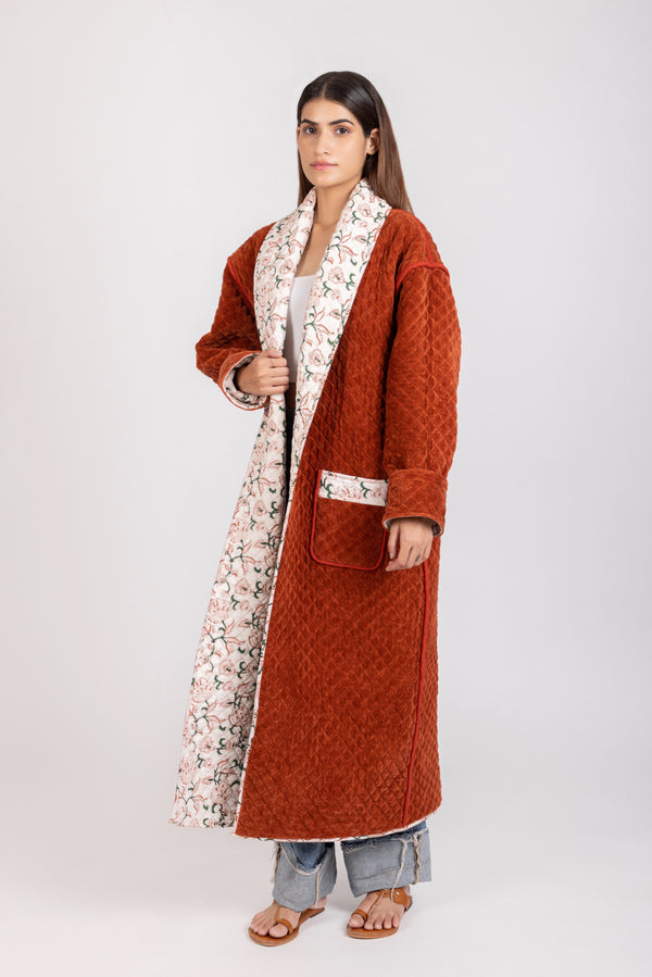 Victoria Quilted Robe - Plush Velvet Red Robe - Hand Printed - Organic Cotton