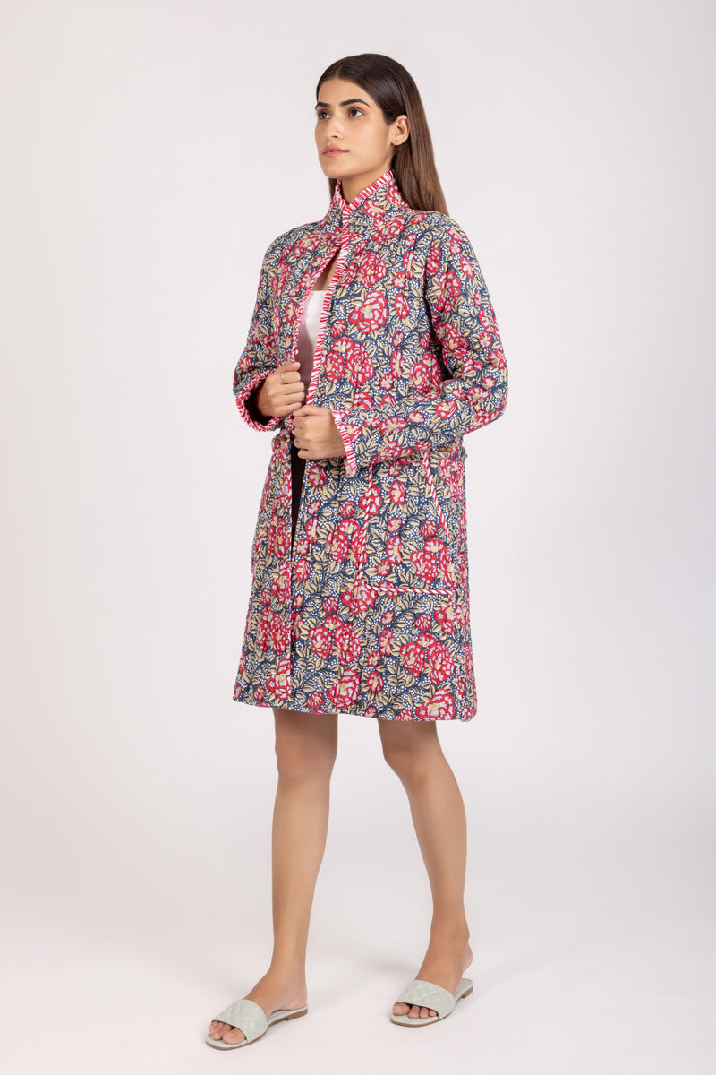 Rose Quilted Detachable Jacket | Floral Long/Short Coat | 100% Cotton