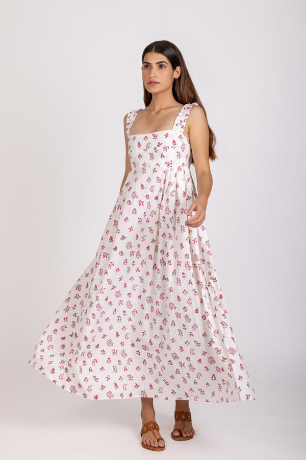 Zoya Maxi Dress - White and Pink Floral Hand Printed Cotton Dress - Pockets - Full Length
