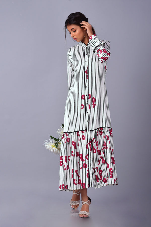 Hand Block Printed Poppy Striped Maxi Dress | A-Line | Modal Satin