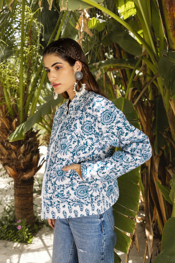 White Coro Bomber Jacket in Floral Blue White