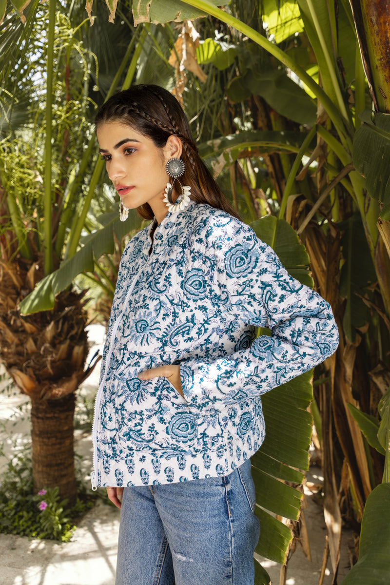 White Coro Bomber Jacket in Floral Blue White