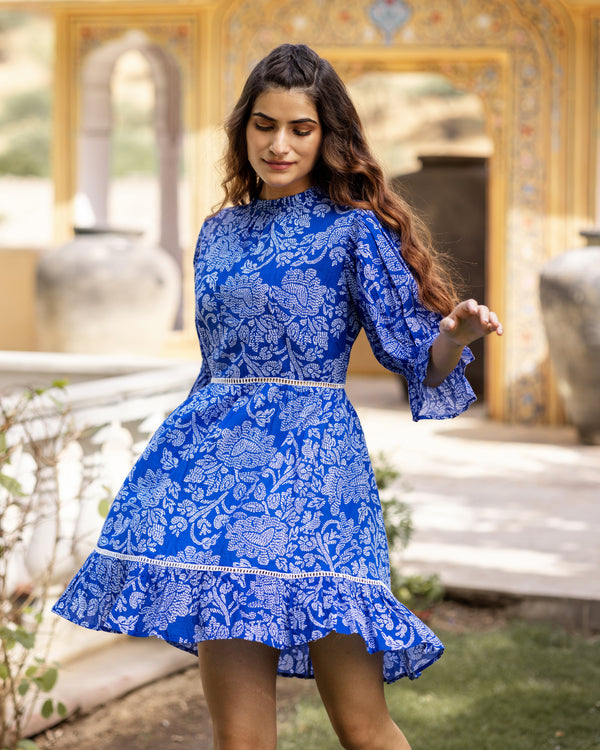 TALIA DRESS - Open Back - Hand Block Printed - Blue Dress