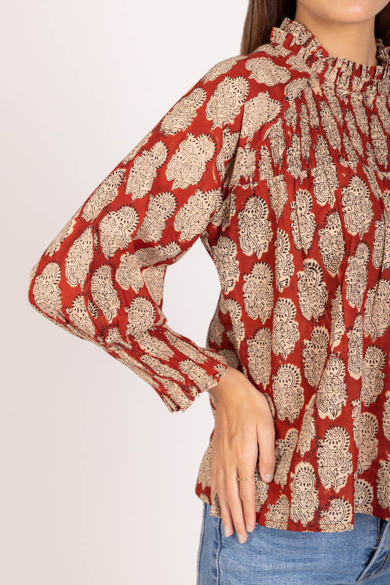 Splendid Nora Smocked Top | Elegant Hand Block Print | Versatile 100% Cotton
