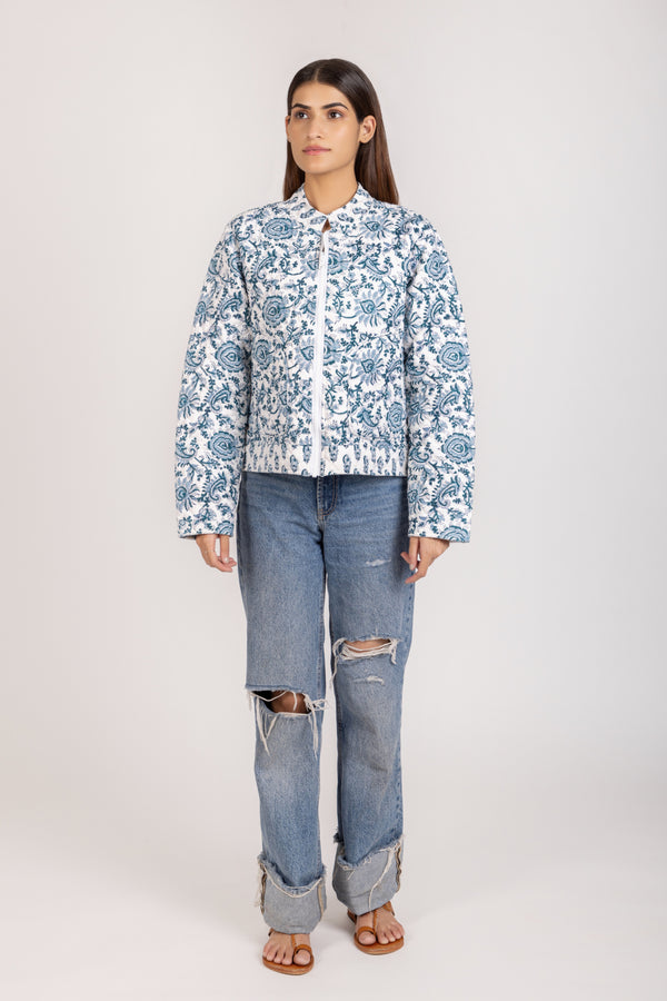 White Coro Bomber Jacket in Floral Blue White