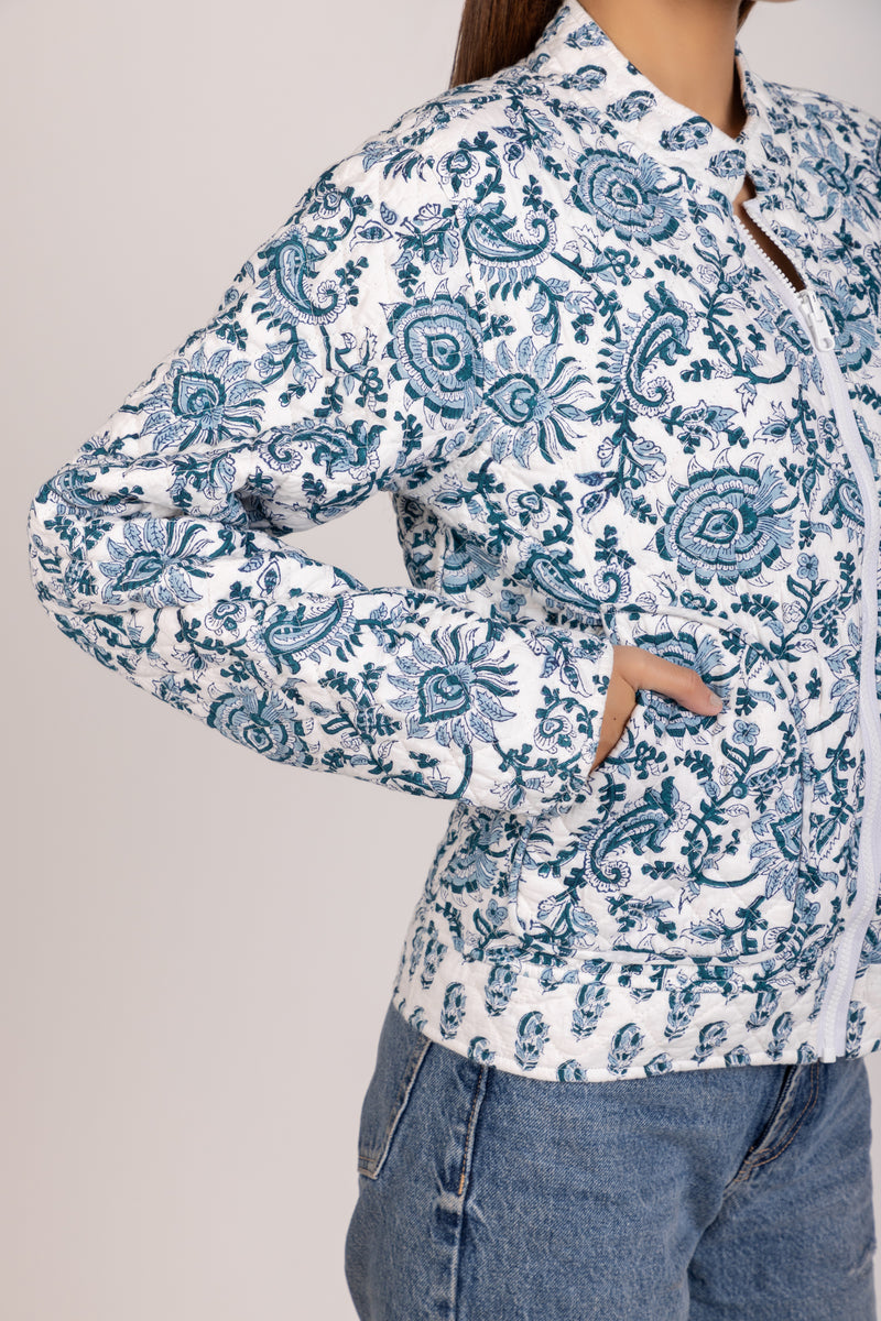 White Coro Bomber Jacket in Floral Blue White