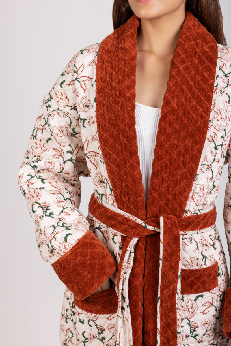 VICTORIA QUILTED ROBE - Plush Velvet Red Robe - Hand Printed - Organic Cotton