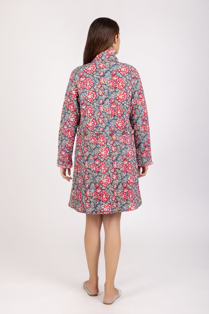 Rose Quilted Detachable Jacket | Floral Long/Short Coat | 100% Cotton