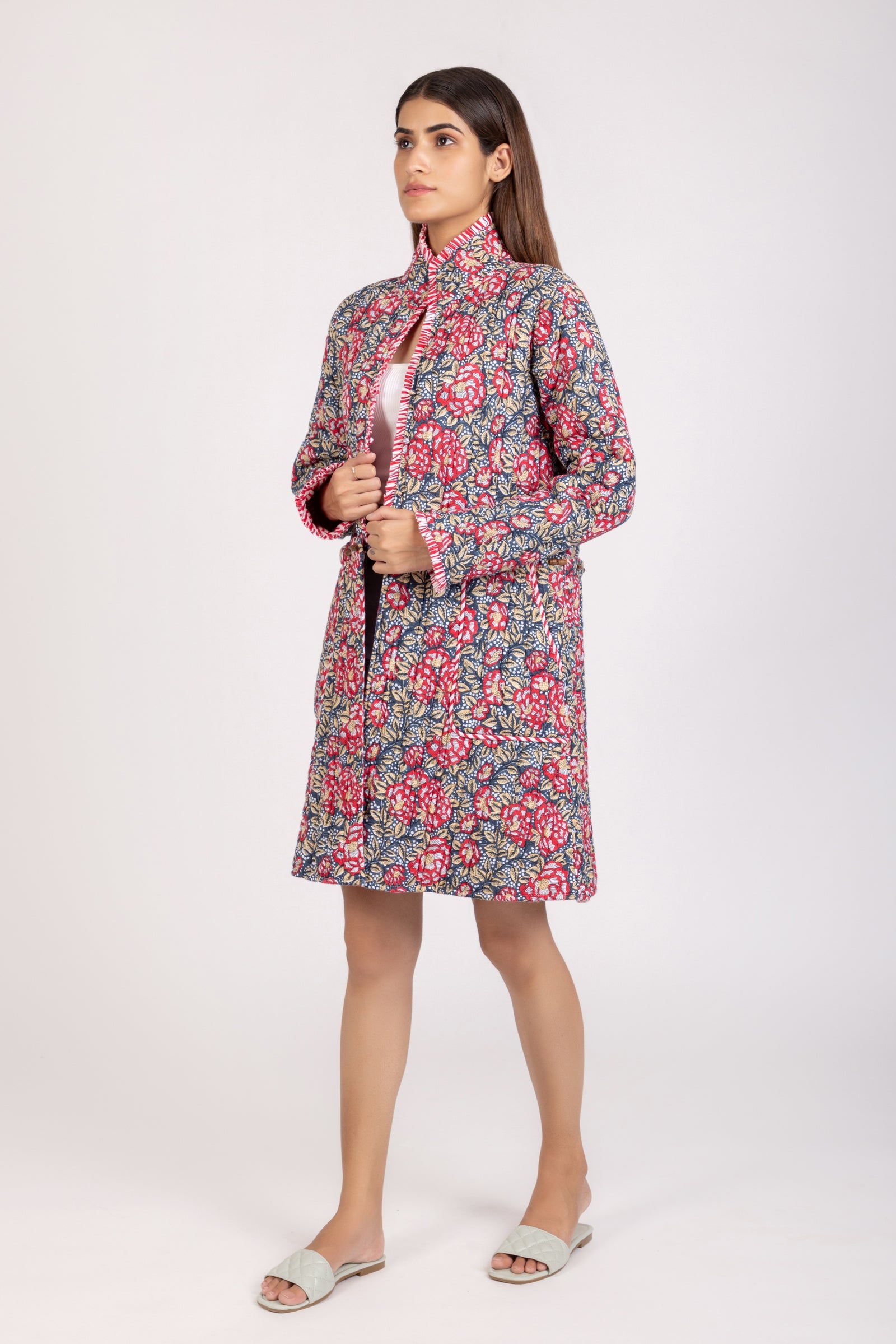 Rose Quilted Detachable Jacket | Floral Long/Short Coat
