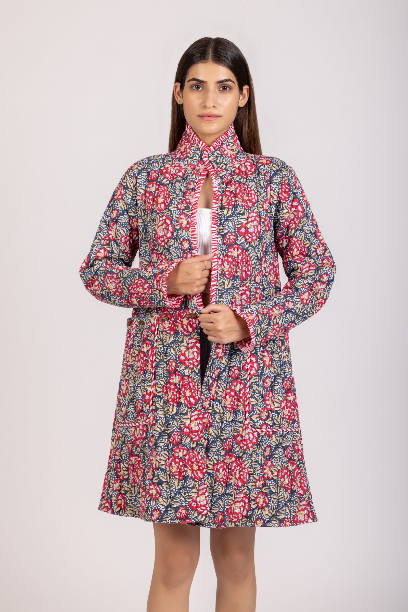 Rose Quilted Detachable Jacket | Floral Long/Short Coat