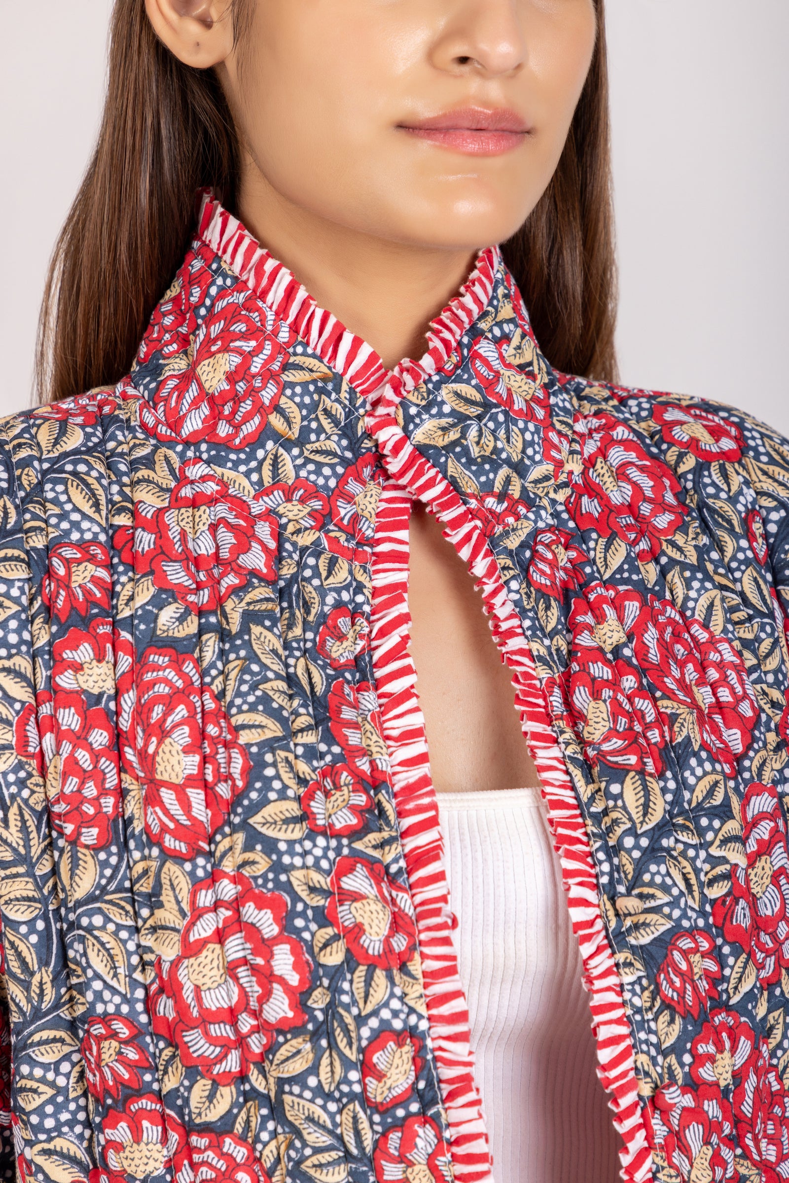 Rose Quilted Detachable Jacket | Floral Long/Short Coat