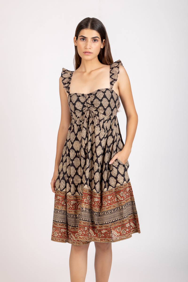 SARA DRESS | Hand Block Printed Floral Dress | Organic Cotton Dress | Elastic Neckline | Ruffled Sleeves