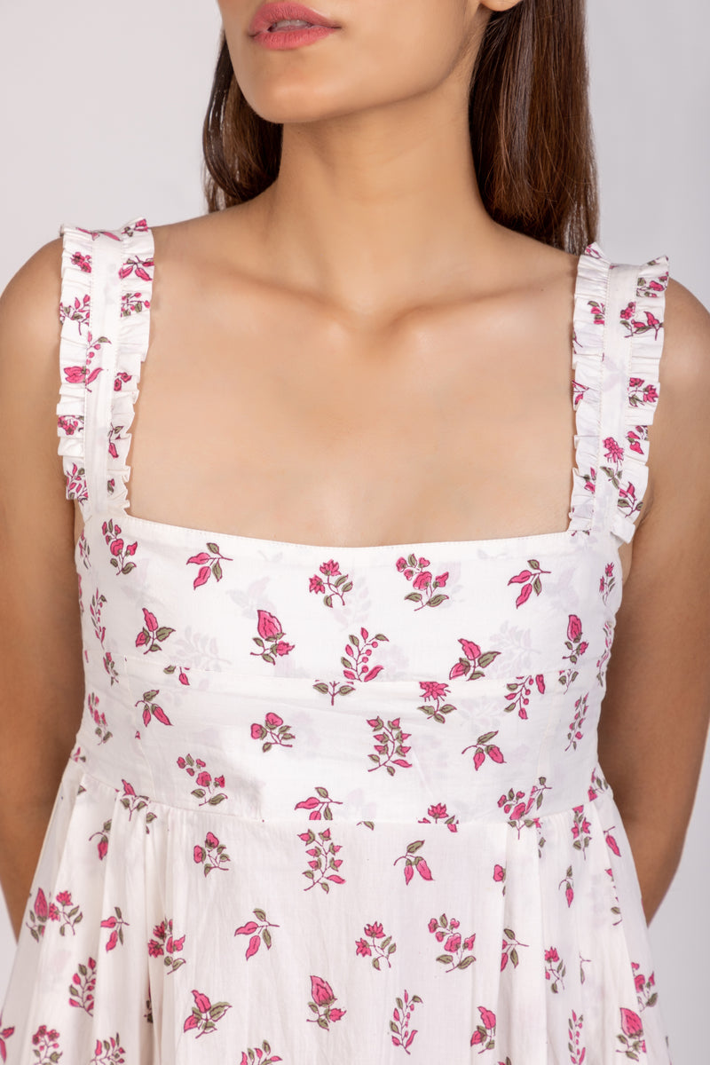 Zoya Maxi Dress - White and Pink Floral Hand Printed Cotton Dress - Pockets - Full Length