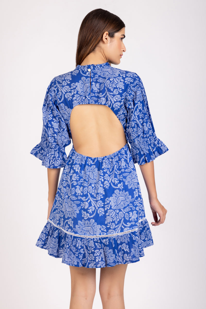 Talia Dress | Open Back | Hand Block Printed | Blue Dress
