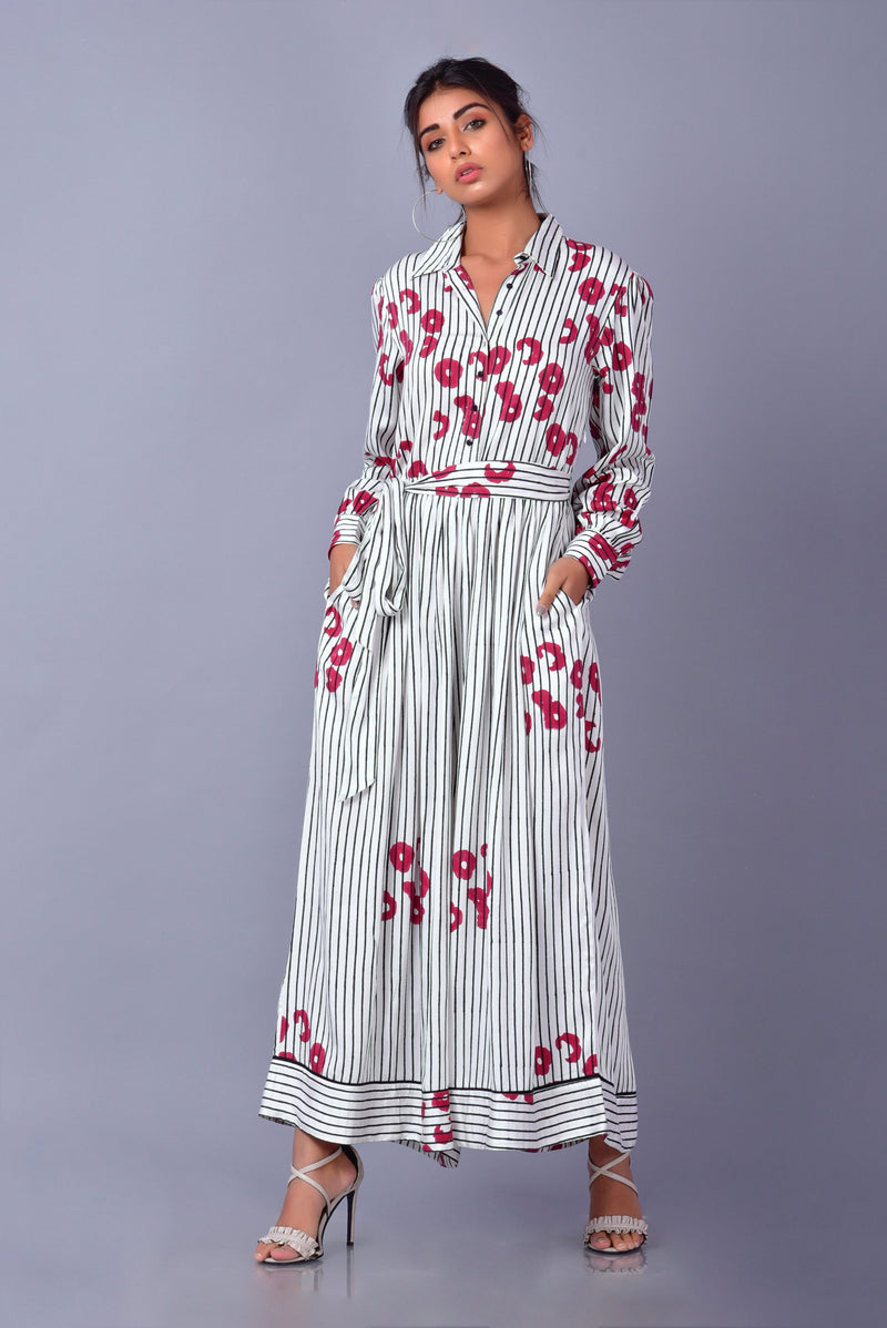 Hand Block Printed Poppy Striped Jumpsuit | Collared Flared Jumpsuit | Modal Satin