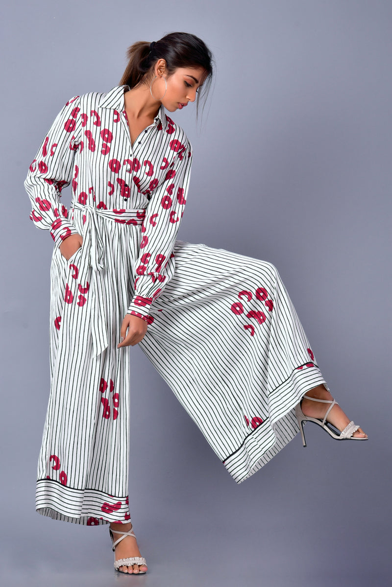 Hand Block Printed Poppy Striped Jumpsuit | Collared Flared Jumpsuit | Modal Satin