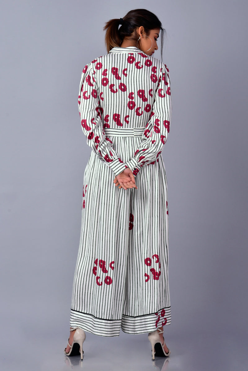 Hand Block Printed Poppy Striped Jumpsuit | Collared Flared Jumpsuit | Modal Satin