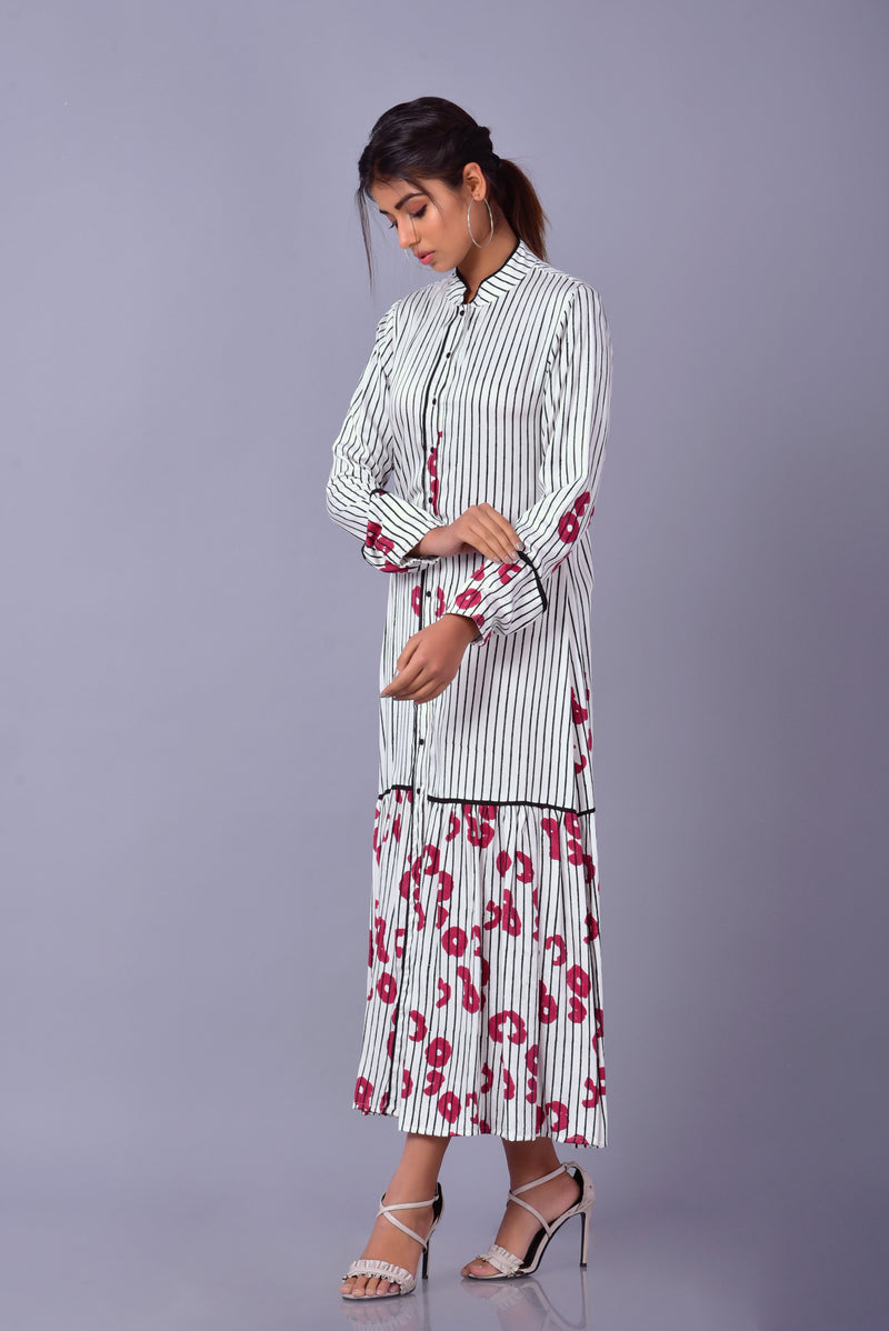Hand Block Printed Poppy Striped Maxi Dress | A-Line | Modal Satin