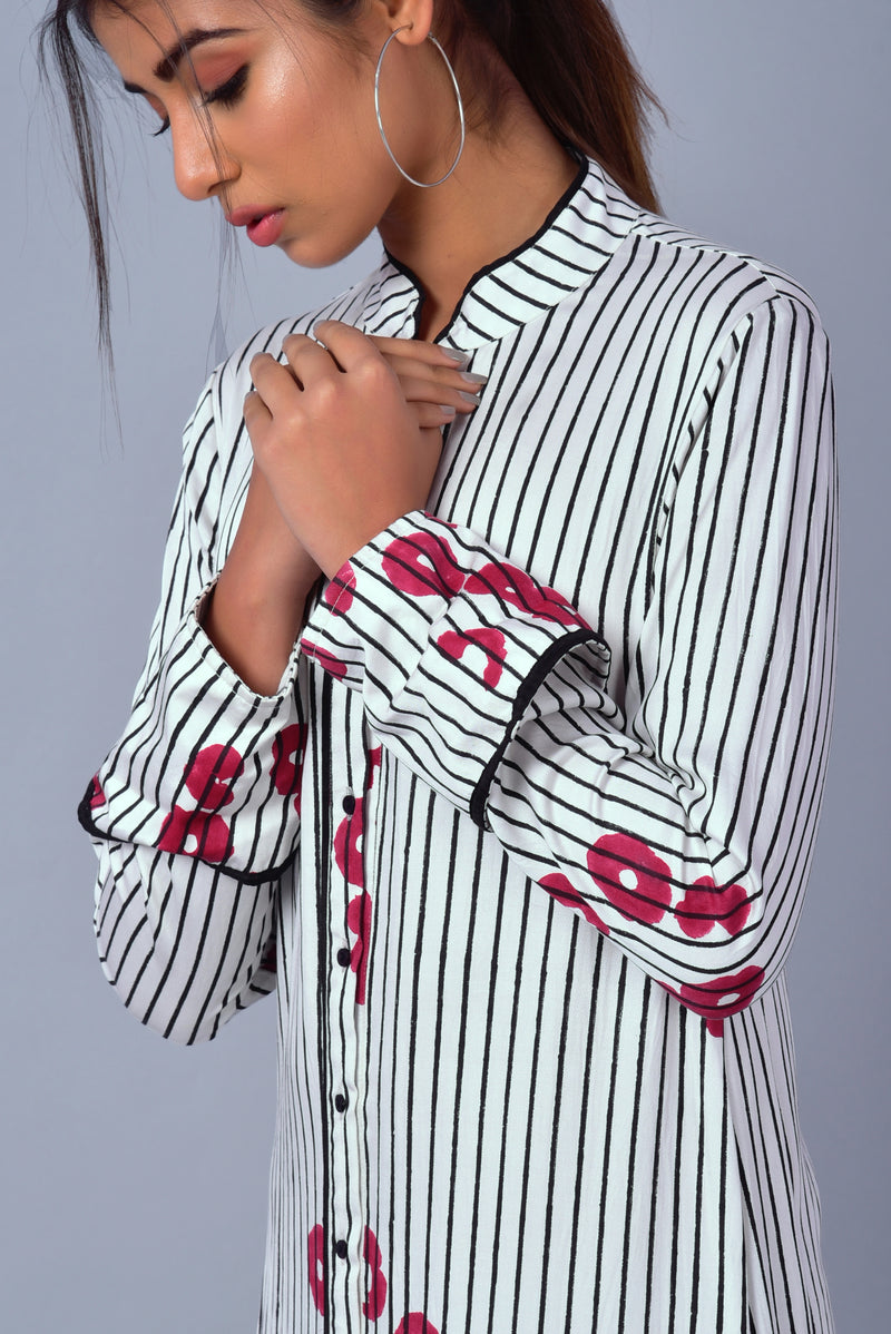 Hand Block Printed Poppy Striped Maxi Dress | A-Line | Modal Satin