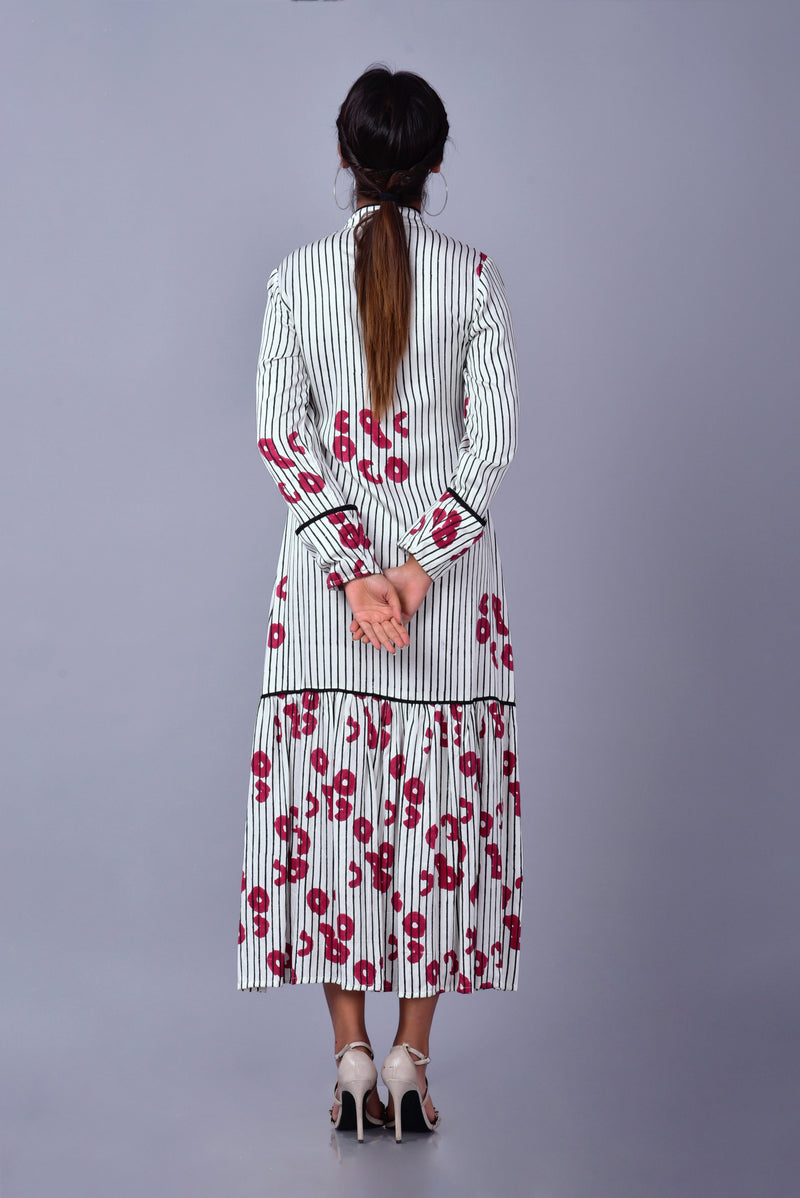 Hand Block Printed Poppy Striped Maxi Dress | A-Line | Modal Satin
