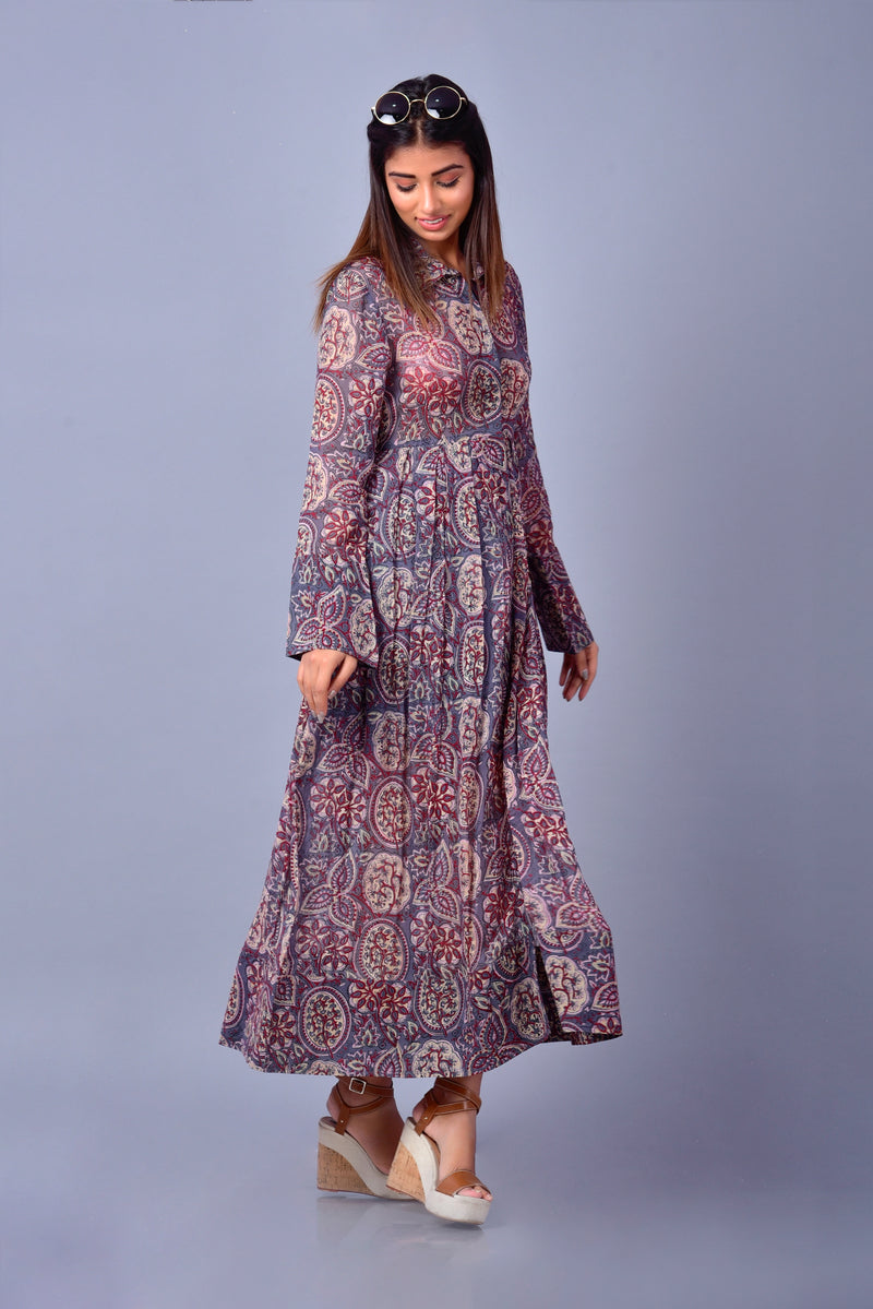 Hand Block Printed Raga Shirt Dress | Organic Sustainable Fashion | Mandala Print | Full Sleeve | Long Dress
