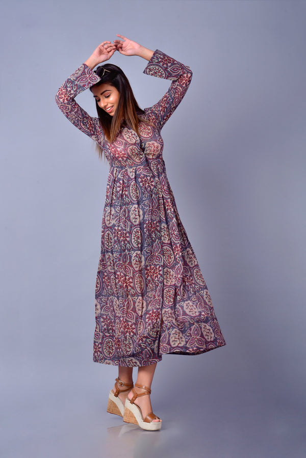 Hand Block Printed Raga Shirt Dress | Organic Sustainable Fashion | Mandala Print | Full Sleeve | Long Dress