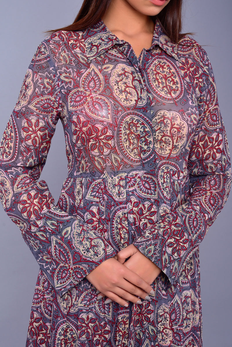 Hand Block Printed Raga Shirt Dress | Organic Sustainable Fashion | Mandala Print | Full Sleeve | Long Dress