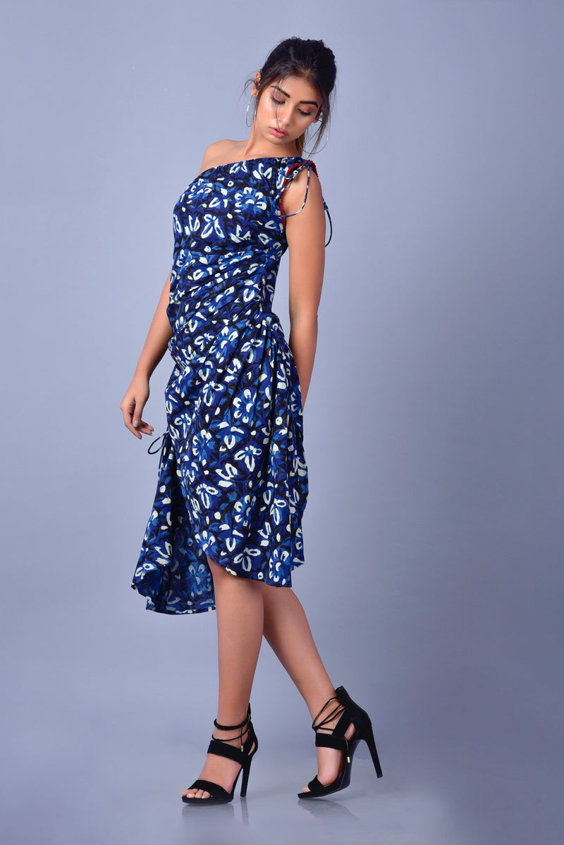 ASYMMETRIC PANSY DRESS | Hand Printed | Indigo Dyed | Elastic one shoulder | Shop Now
