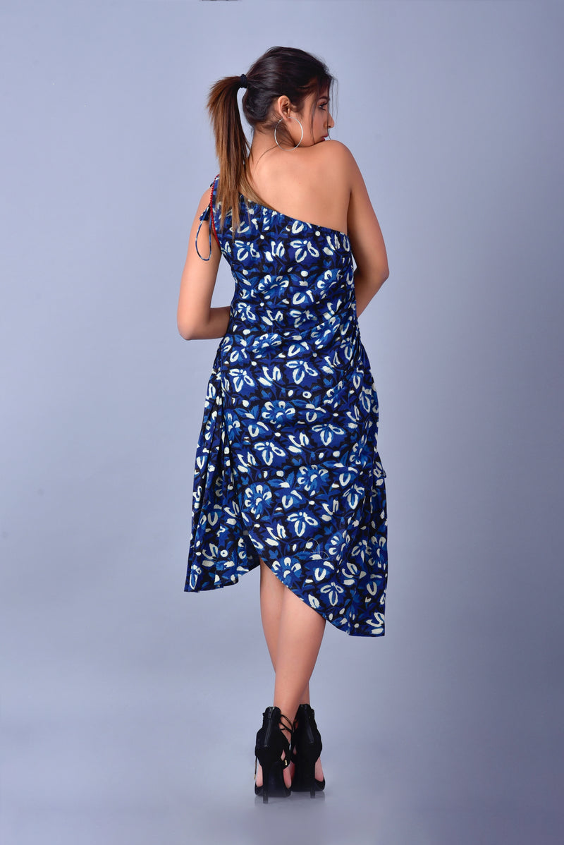 ASYMMETRIC PANSY DRESS | Hand Printed | Indigo Dyed | Elastic one shoulder | Shop Now