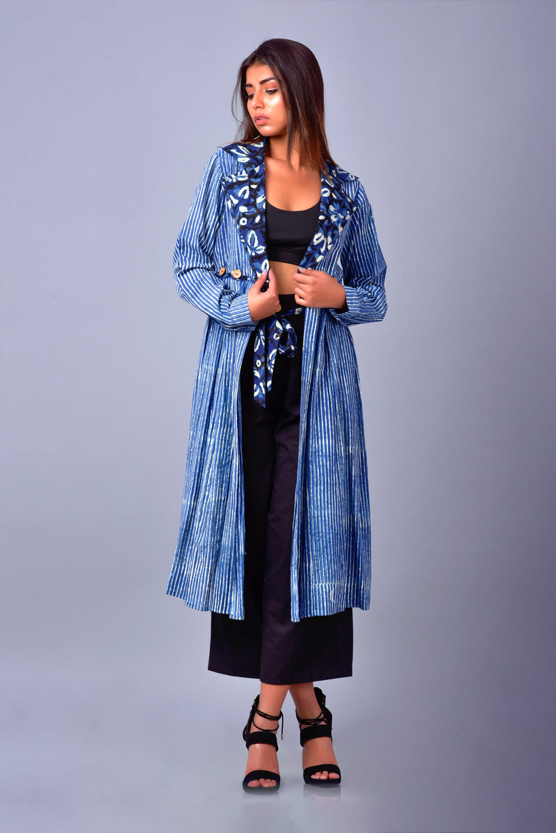STRIPED INDIGO JACKET - Hand Block Printed - Organic Sustainable Fashion - Summer Jacket Dress - Printed Jacket