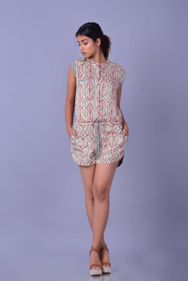 Hazel Playsuit Romper | Bagru Hand Block Printing | Beige Jumpsuit