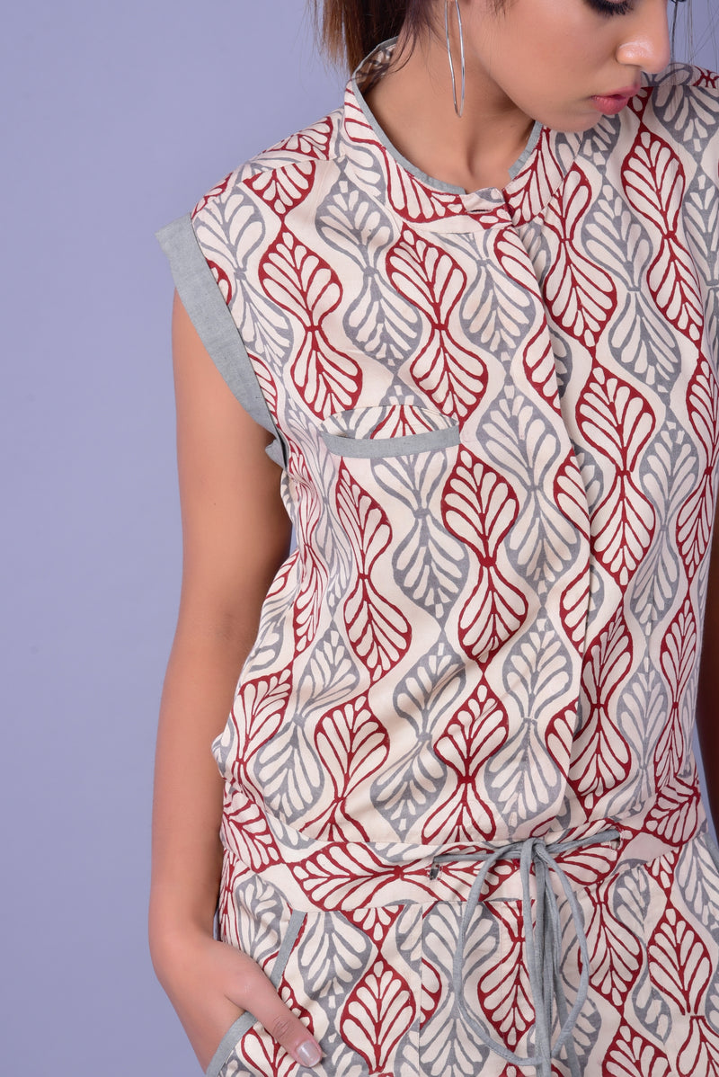 Hazel Playsuit Romper | Bagru Hand Block Printing | Beige Jumpsuit