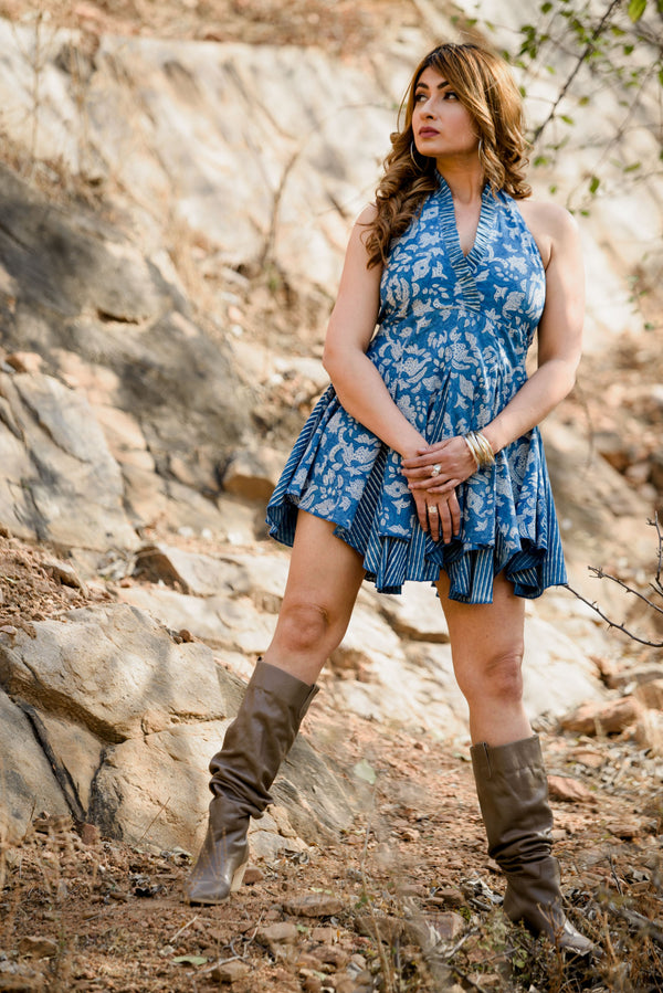 Halter Mini dress | Hand Block Printed Mini Dress | Natural Indigo Dyed Short Dress